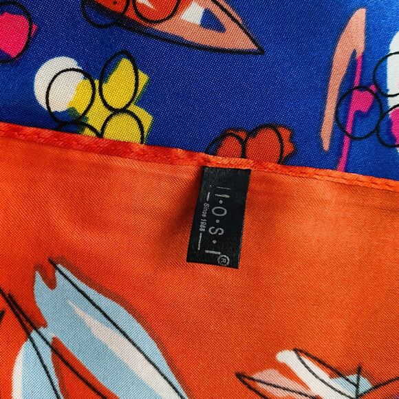 Blue & Red Silky Feel Satin Scarf Colorful Bandana Modern Art Floral 36” Square - Picture 6 of 8